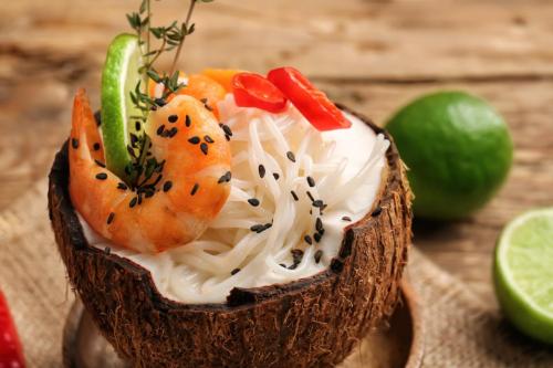 Coconut with Thai noodle soup and shrimp